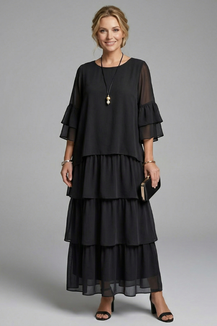 Women’s Maxi Dress with Round Neck and Layered Skirt