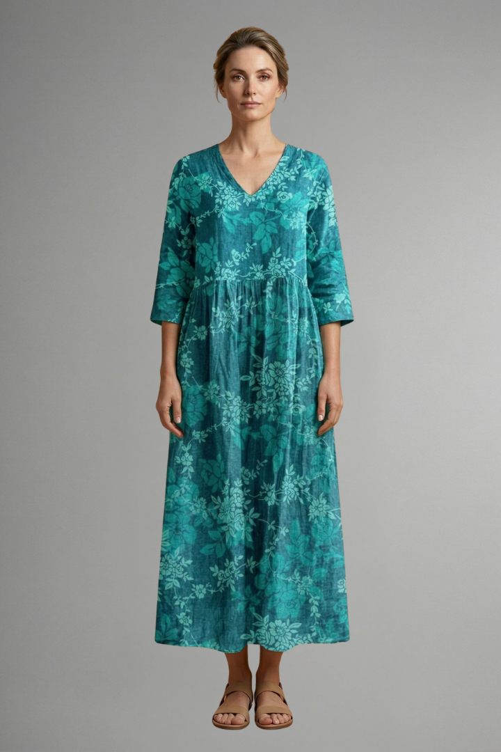 Women’s Maxi Dress with V Neckline and Floral Pattern