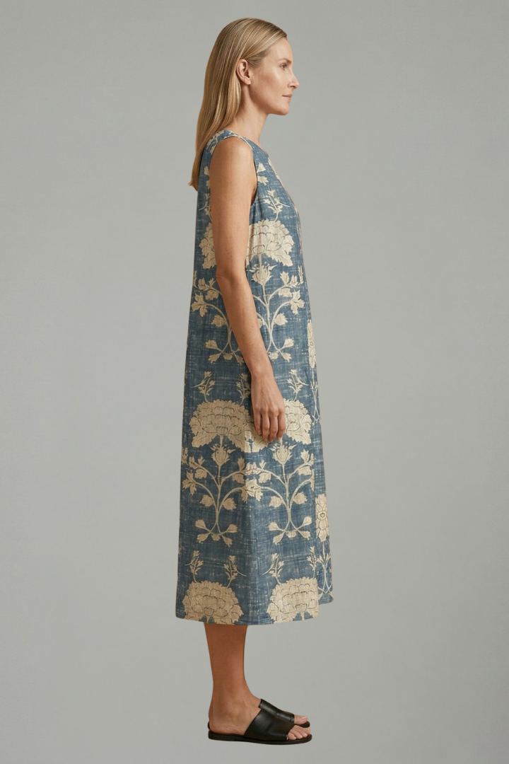 Women’s Midi Dress with Sleeveless Design and Linen Blend