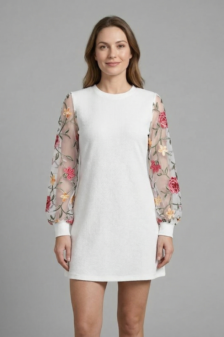 Women’s Mini Dress with Bishop Sleeves and Embroidered Detail