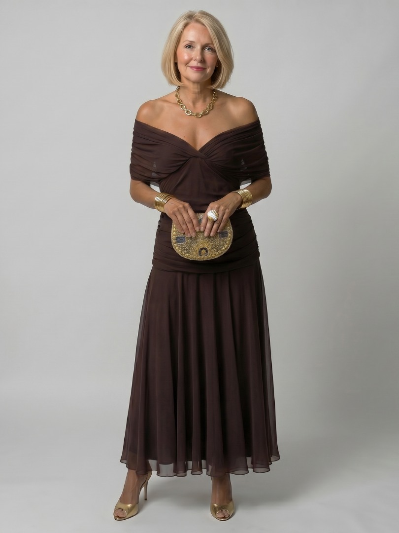 Printed Mesh Midi Dress with Draped Neckline and Ruched Bodice