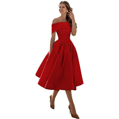 Phoebe Walker | Off-Shoulder Tea Length Satin Dress For Women