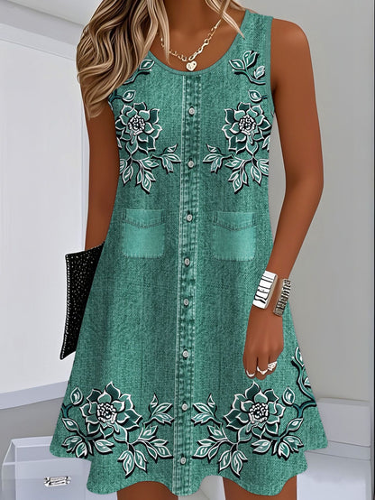 Scarlett Barnes | Denim Floral Print Midi Dress For Women