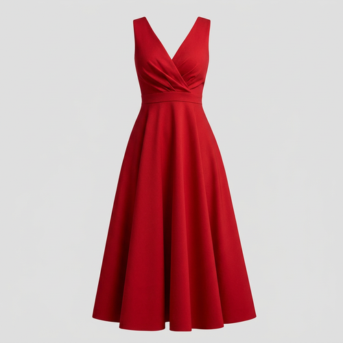 Women’s Midi Dress with V-Neck and Zip Closure
