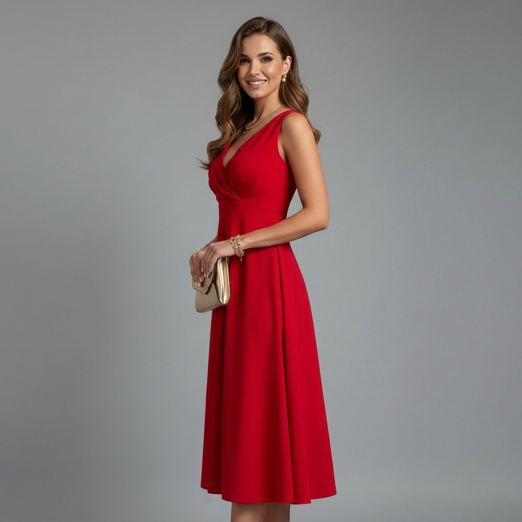 Women’s Midi Dress with V-Neck and Zip Closure
