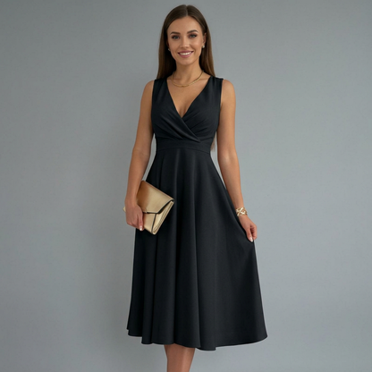 Women’s Midi Dress with V-Neck and Zip Closure