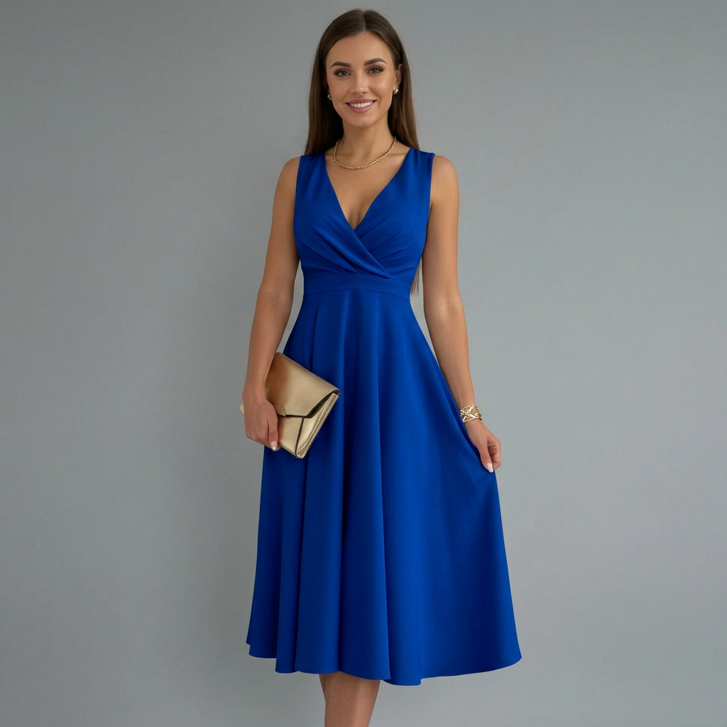 Women’s Midi Dress with V-Neck and Zip Closure