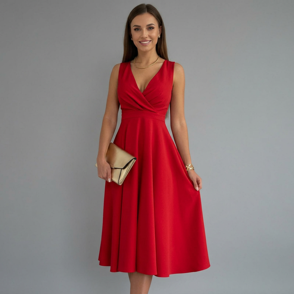 Women’s Midi Dress with V-Neck and Zip Closure