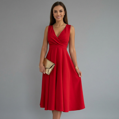 Women’s Midi Dress with V-Neck and Zip Closure