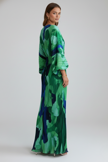 Women's V-Neckline Pleated Finish Long Dress
