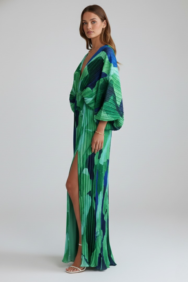 Women's V-Neckline Pleated Finish Long Dress