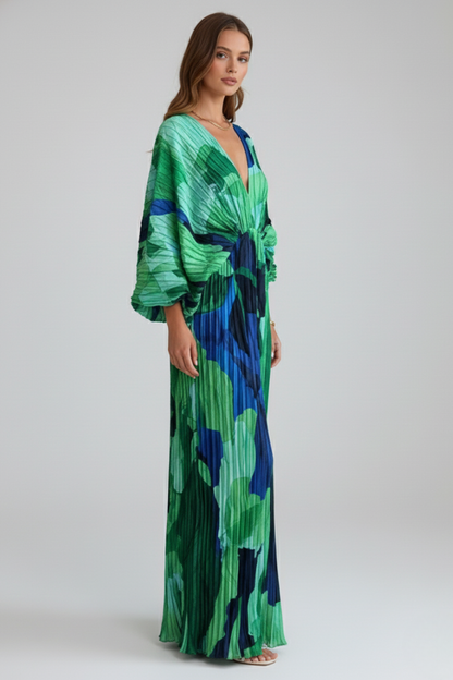 Women's V-Neckline Pleated Finish Long Dress