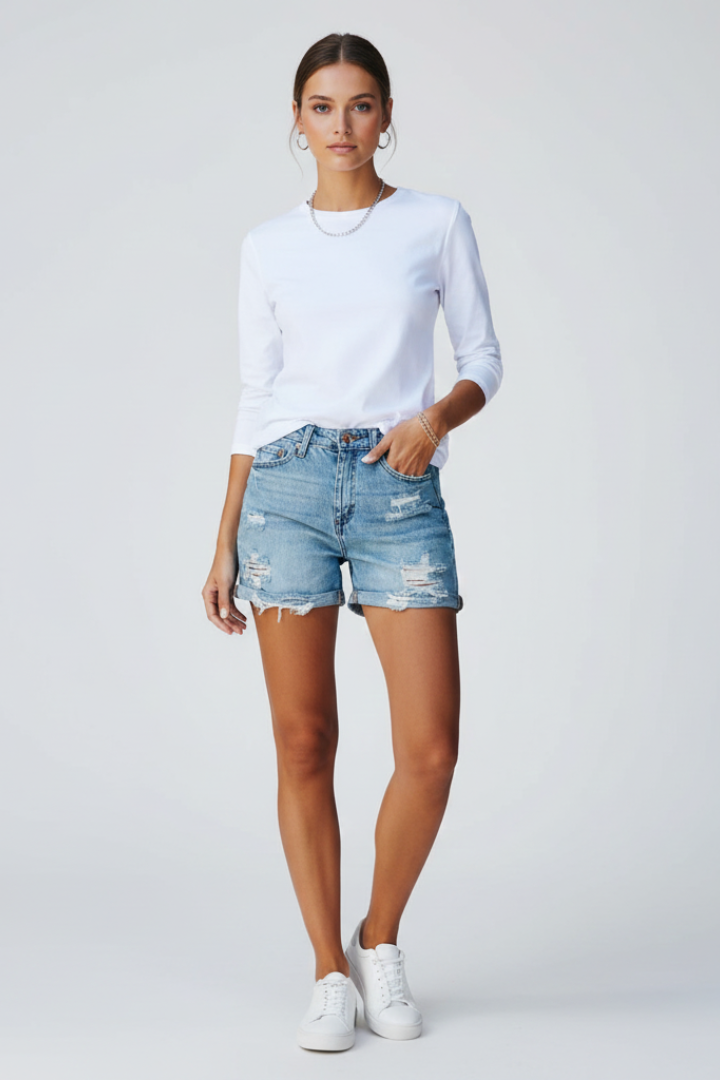 Women's Distressed Surface Fringe Hem Denim Shorts