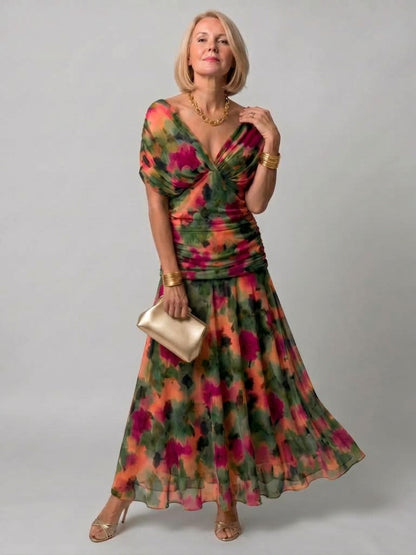 Printed Mesh Midi Dress with Draped Neckline and Ruched Bodice