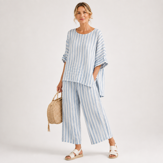 Matilda Young | Striped Linen Top & Wide Leg Pants Set For Women