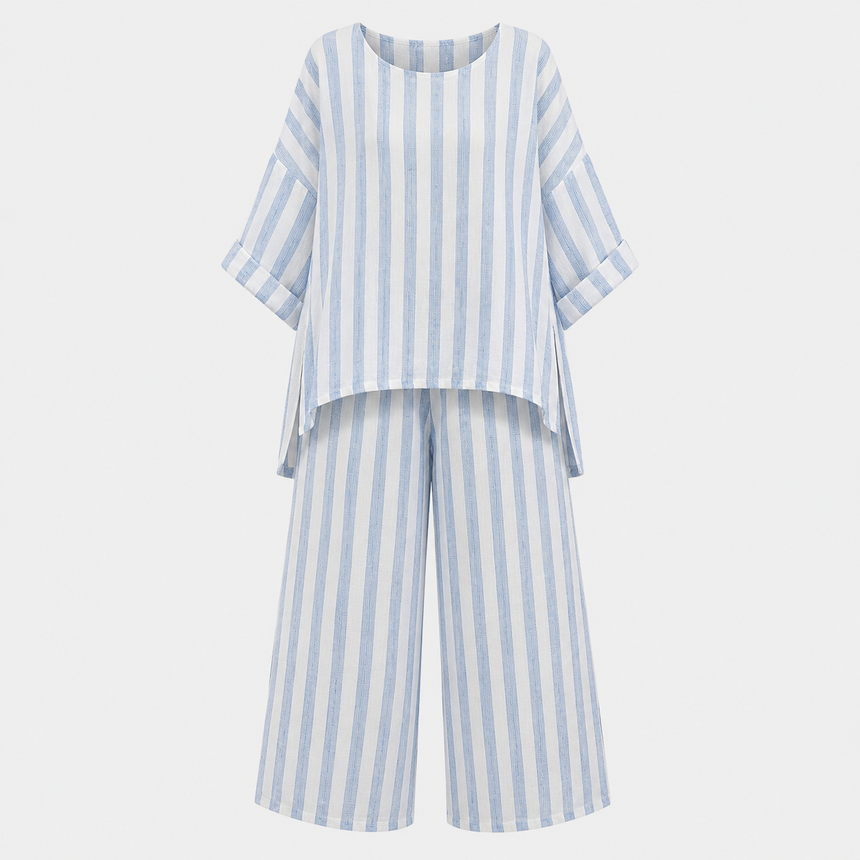 Matilda Young | Striped Linen Top & Wide Leg Pants Set For Women