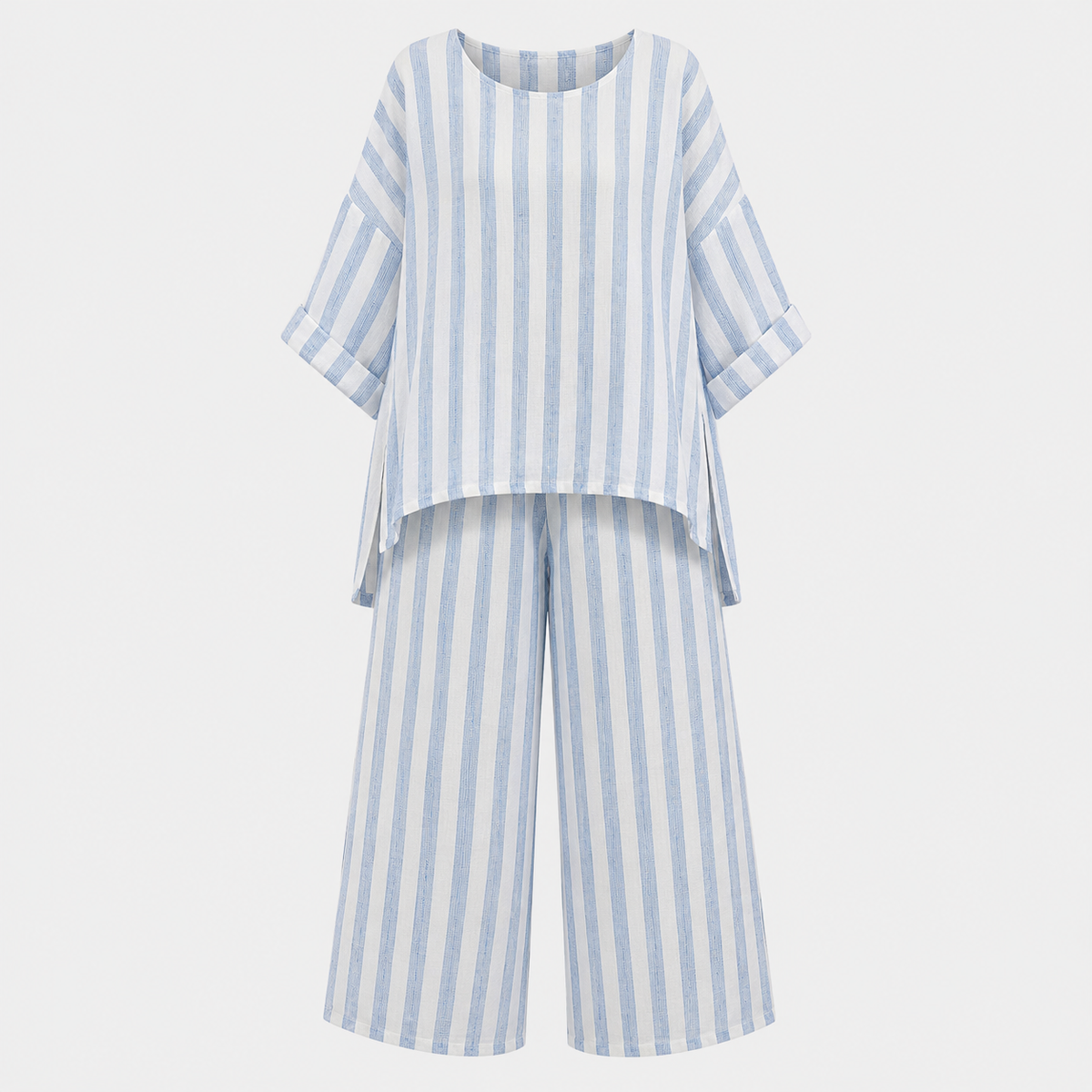 Matilda Young | Striped Linen Top & Wide Leg Pants Set For Women