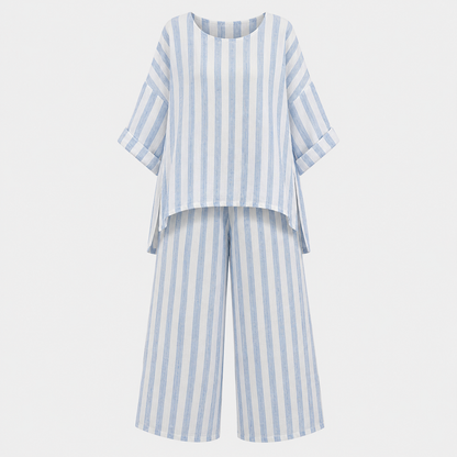 Matilda Young | Striped Linen Top & Wide Leg Pants Set For Women