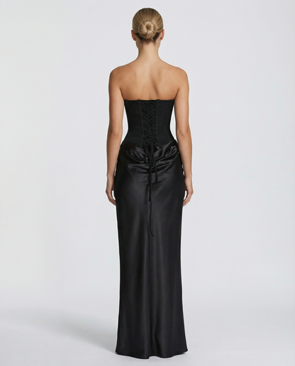 Vivienne Moretti | Black Satin Corset Maxi Dress For Women