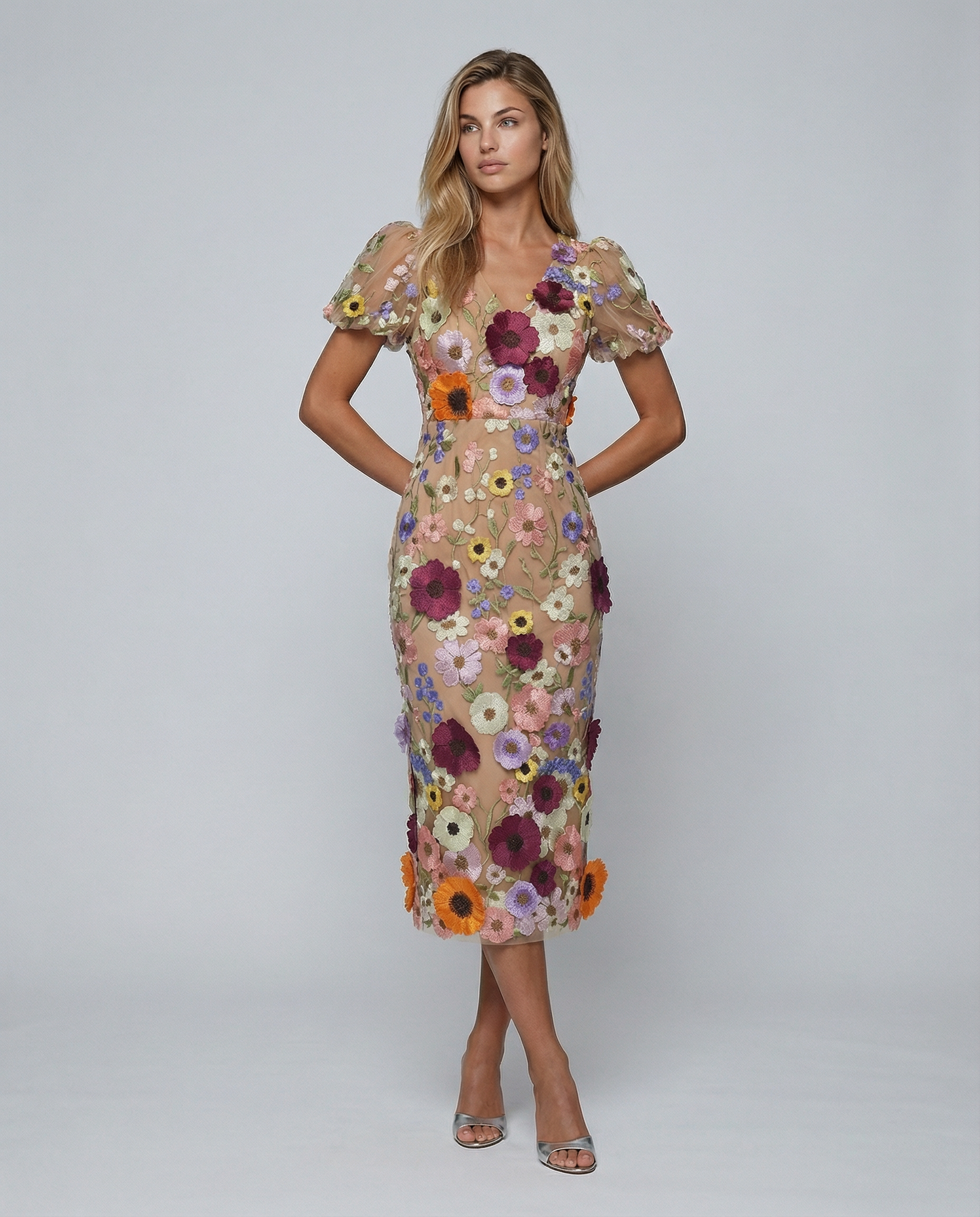 Amelia Thornton | V Neck Floral Embroidered Midi Dress For Women