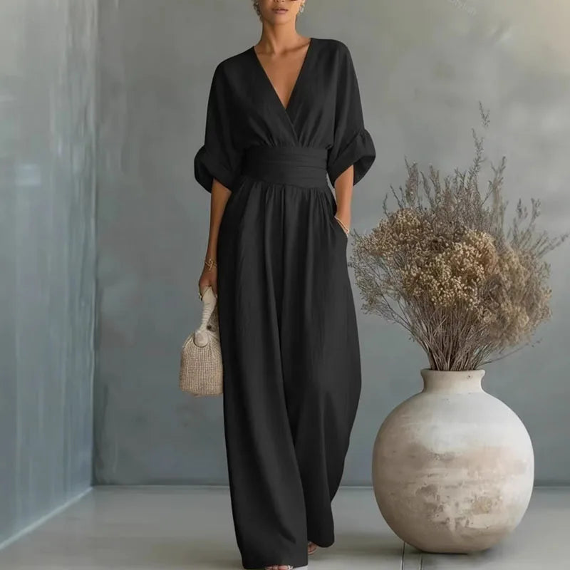Surplice V-Neck Wide-Leg Jumpsuit – Elegant Summer Ease