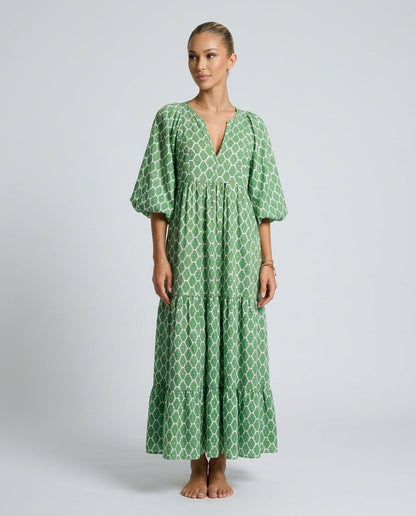 Mia Harrington | V-Neck Balloon Sleeve Tiered Maxi Dress For Women