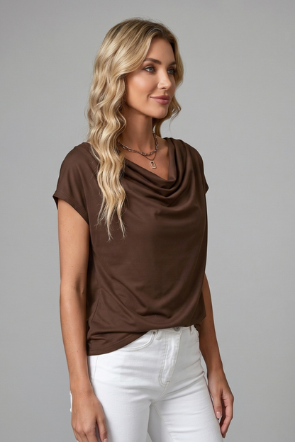 Women's Blouse with Cowl Neck and Draped Front