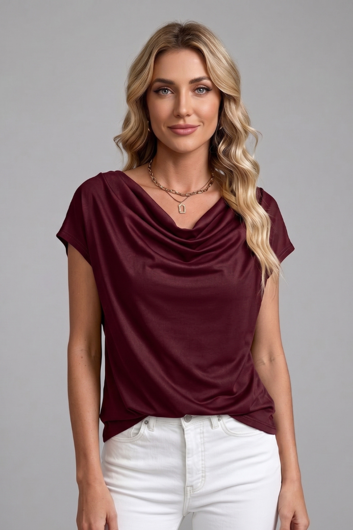 Women's Blouse with Cowl Neck and Draped Front