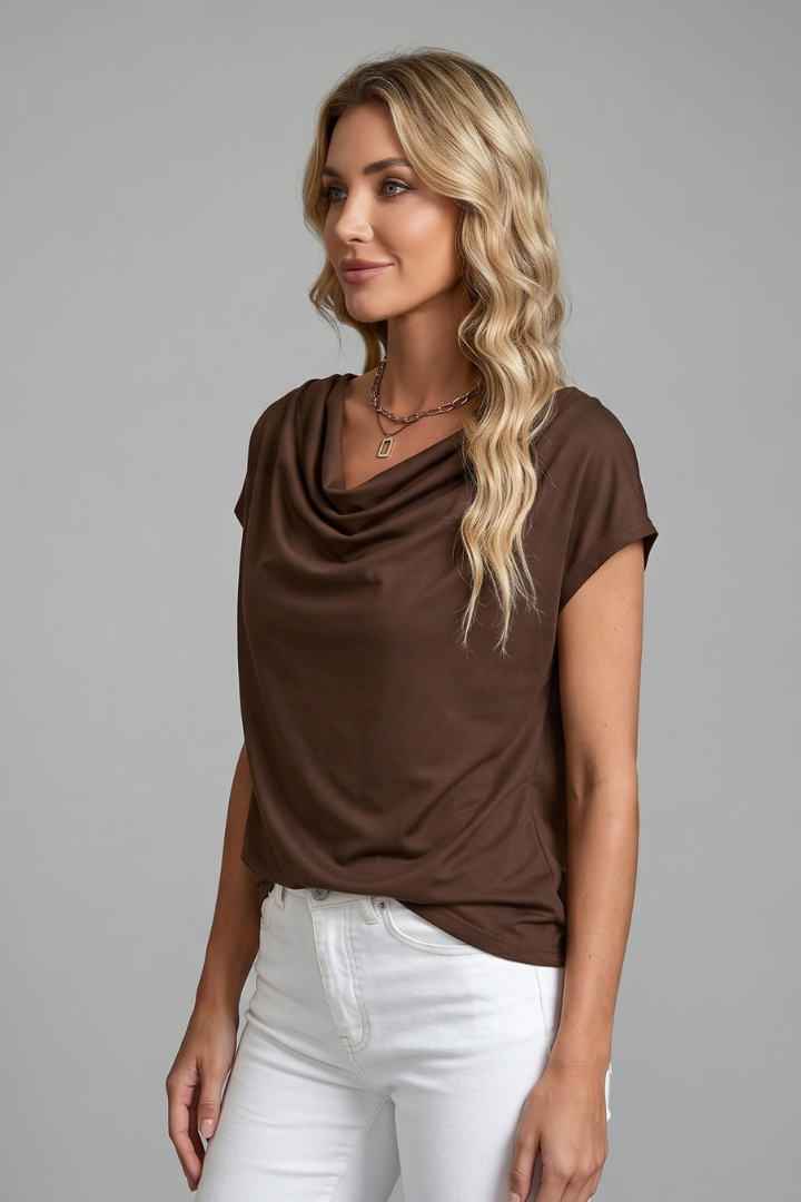 Women's Blouse with Cowl Neck and Draped Front