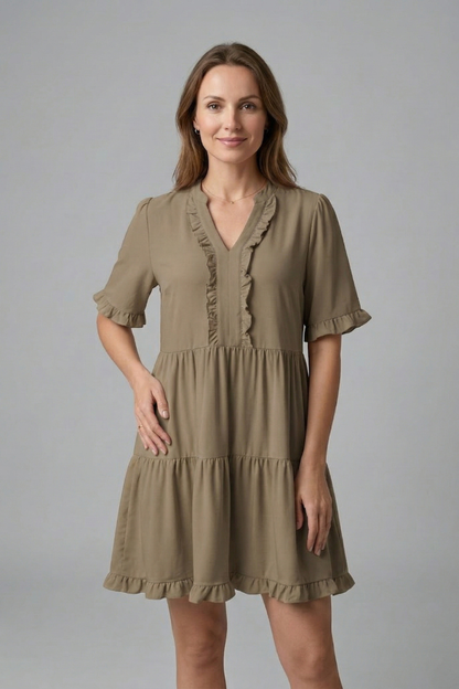 Women’s Dress with V Neck and Ruffle Detail