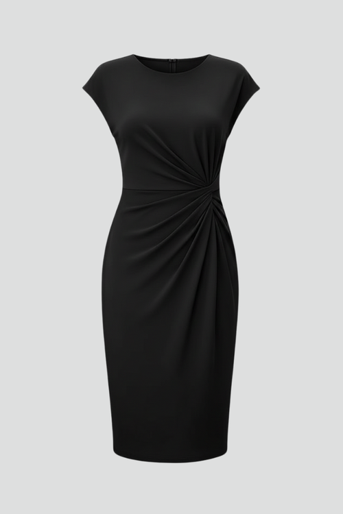 Women’s Knee-Length Dress with Round Neck and Ruched Waist