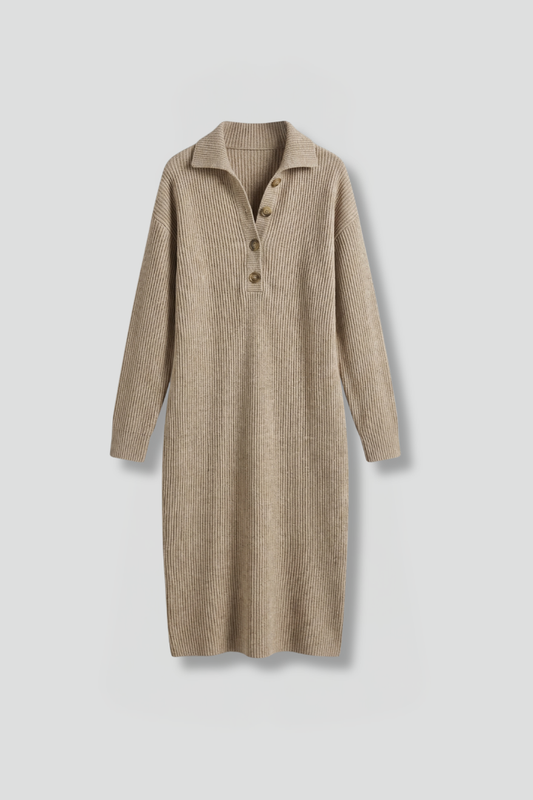 Women’s Knit Sweater Dress with Ribbed Texture and Button Placket