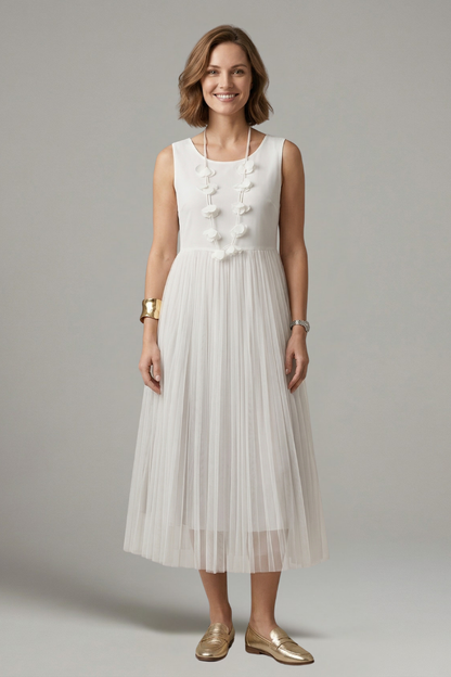 Women’s Layered Dress with Round Neck and Pleated Skirt