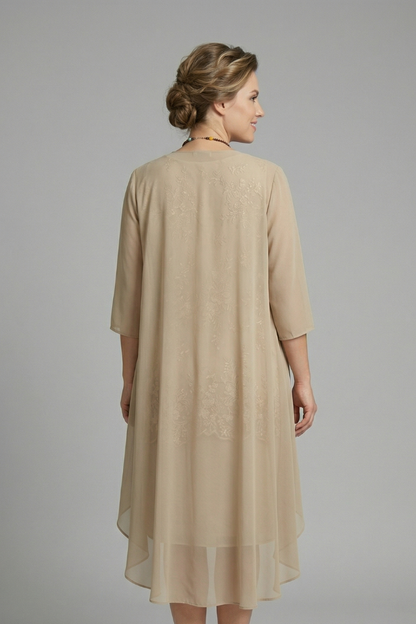 Women’s Layered Dress with Round Neck and Sheer Overlay
