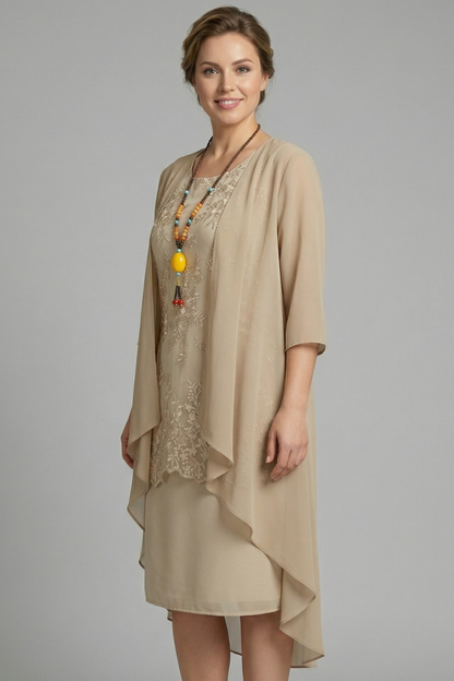 Women’s Layered Dress with Round Neck and Sheer Overlay