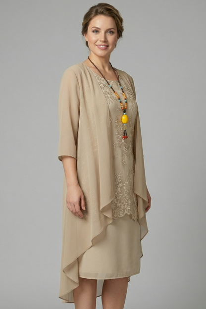 Women’s Layered Dress with Round Neck and Sheer Overlay