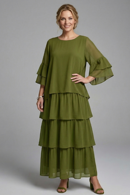 Women’s Maxi Dress with Round Neck and Layered Skirt