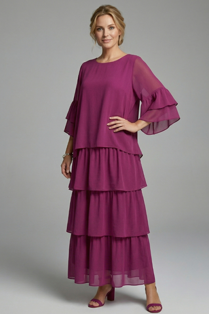 Women’s Maxi Dress with Round Neck and Layered Skirt