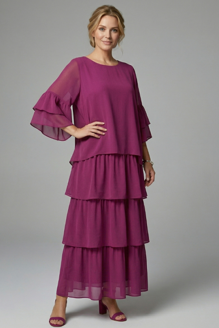 Women’s Maxi Dress with Round Neck and Layered Skirt