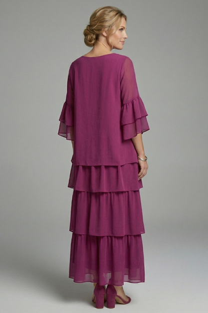 Women’s Maxi Dress with Round Neck and Layered Skirt