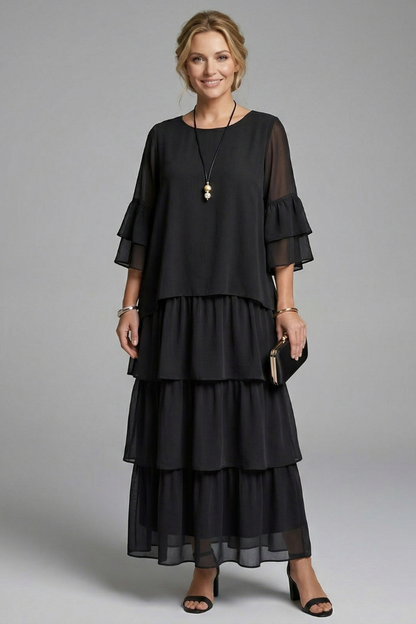 Women’s Maxi Dress with Round Neck and Layered Skirt