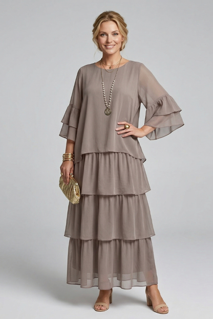 Women’s Maxi Dress with Round Neck and Layered Skirt