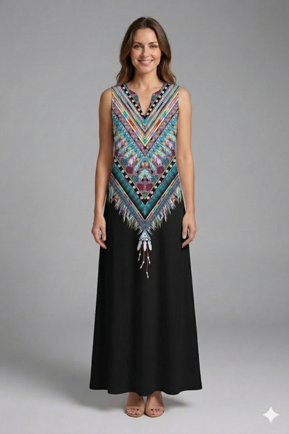 Women’s Maxi Dress with Split Neck and Sleeveless Design