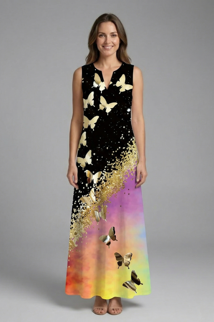 Women’s Maxi Dress with Split Neck and Sleeveless Design