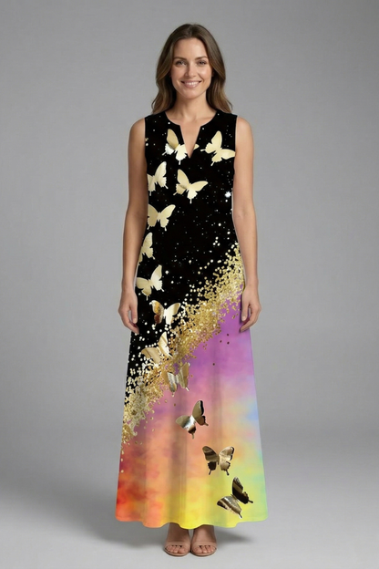 Women’s Maxi Dress with Split Neck and Sleeveless Design