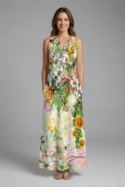 Women’s Maxi Dress with Split Neck and Sleeveless Design