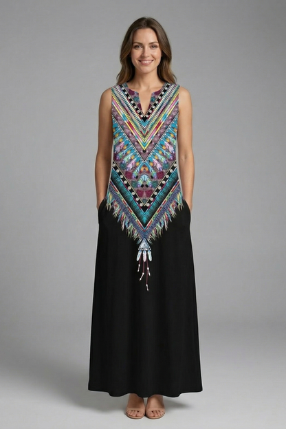 Women’s Maxi Dress with Split Neck and Sleeveless Design