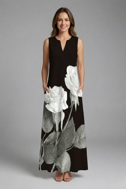 Women’s Maxi Dress with Split Neck and Sleeveless Design