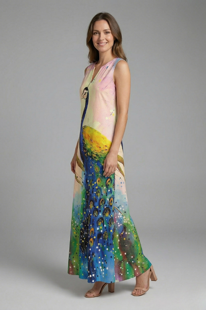 Women’s Maxi Dress with Split Neck and Sleeveless Design