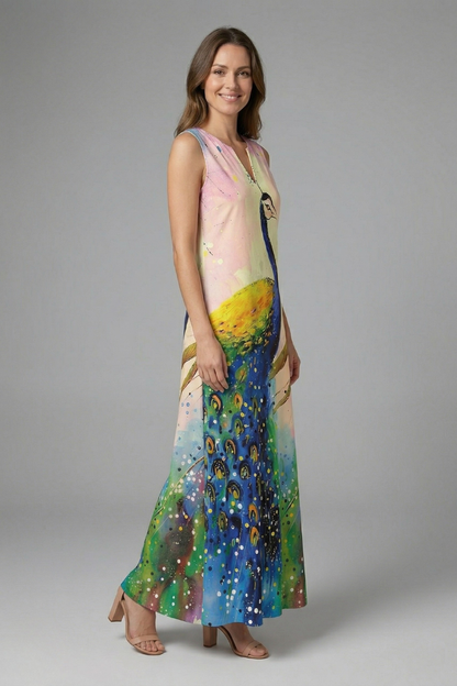 Women’s Maxi Dress with Split Neck and Sleeveless Design